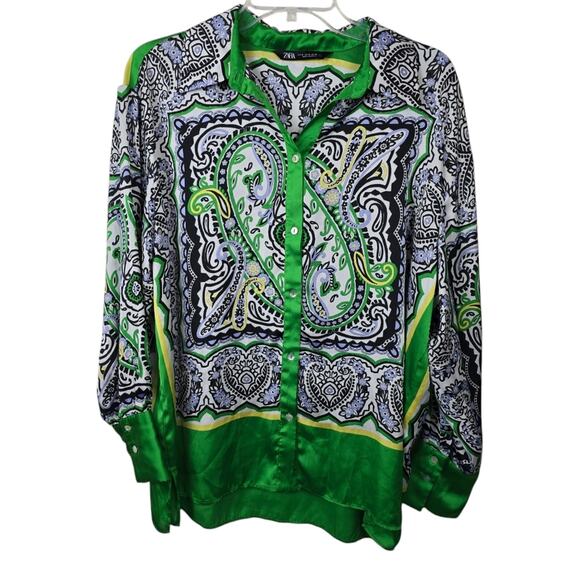 Zara Green Paisley Floral Satin Scarf Button Down Blouse Boho St Patty Day M - Picture 1 of 14